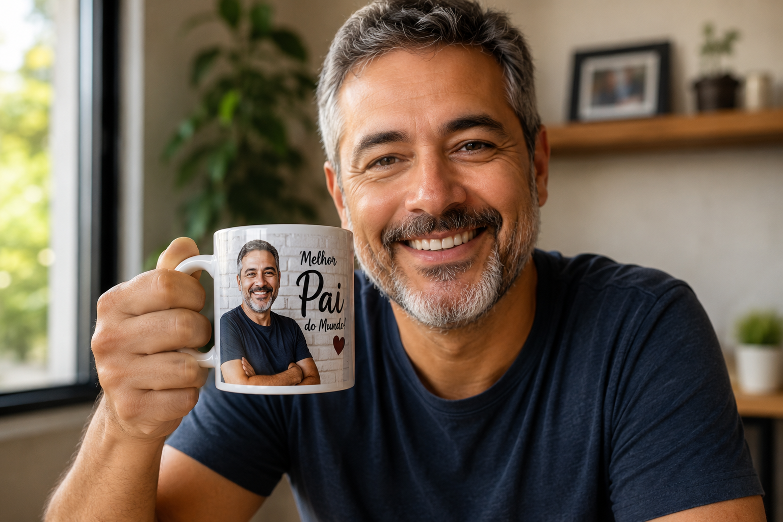 Pai sorrindo segurando caneca personalizada com foto e a frase Melhor Pai do Mundo